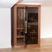 Dundalk CT Element Nook Indoor Sauna Kit. A stylish wooden indoor Sauna, 100% North American made. Pictured with it's glass door ajar. 