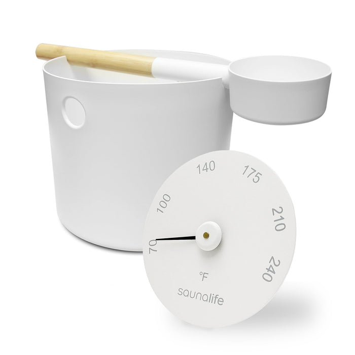 SaunaLife Accessory Package 6 - Aluminum 1-Gallon Sauna Bucket Set with Wood Ladle and Thermometer - White