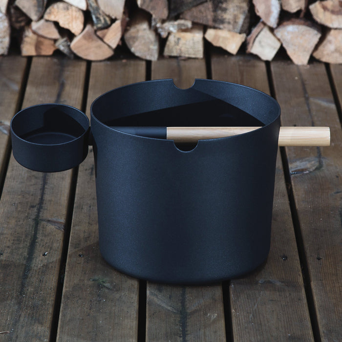 SaunaLife Accessory Package 6 - Aluminum 1-Gallon Sauna Bucket Set with Wood Ladle and Thermometer - Black