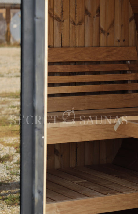 SaunaLife Model EE6G Sauna Barrel Glass Front with Back Benches - Secret Saunas